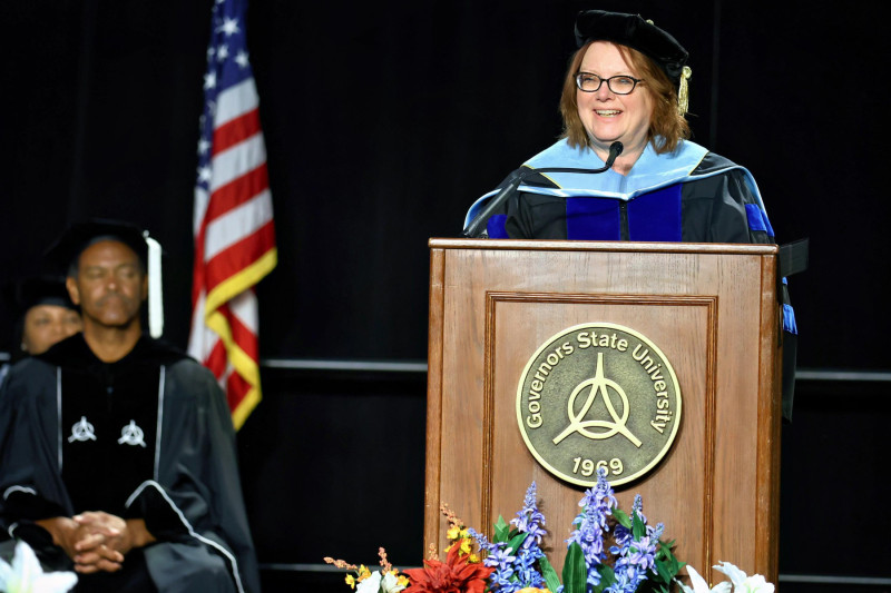 Provost Beverly Schneller at podium for Commencement 2024