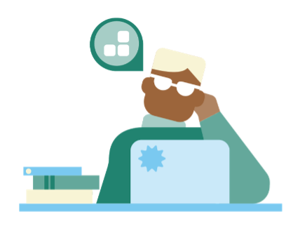 A graphic of a person sitting at a computer thinking