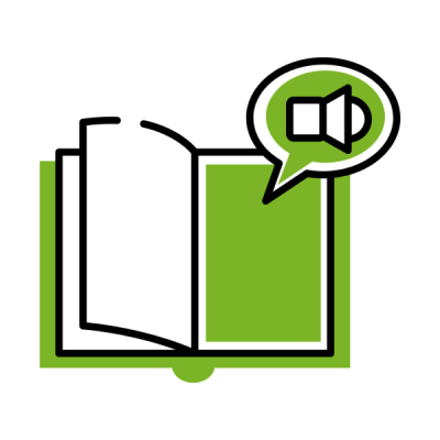 Graphic art of a book with an audiobook icon