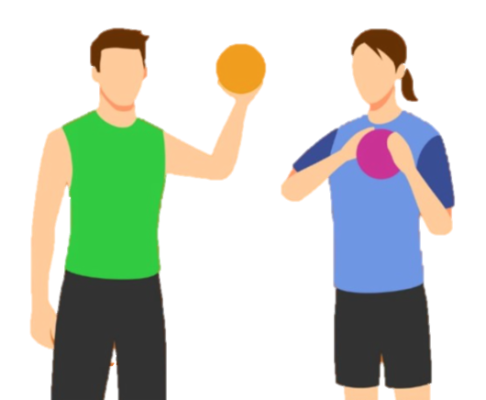Graphic art of a man and woman in athletic clothes holding dodgeballs