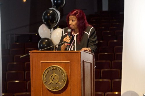 Governors State University President giving a speech at a podium