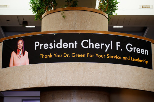 A retirement celebration banner thanking Dr. Cheryl Green for her service and leadership