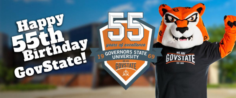 Happy 55th Birthday GovState! Image of Jax the Jaguar mascot of GovState and the 55th Anniversary Logo.