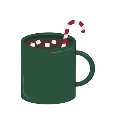 Graphic art of a green mug of hot chocolate with marshmallows and a candy cane