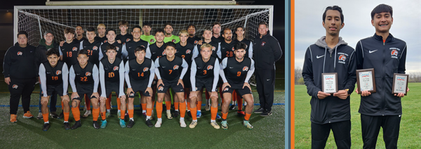 Governors State University banner art with the men's soccer team posed in front of a soccer net and two male cross country runners holding award plaques