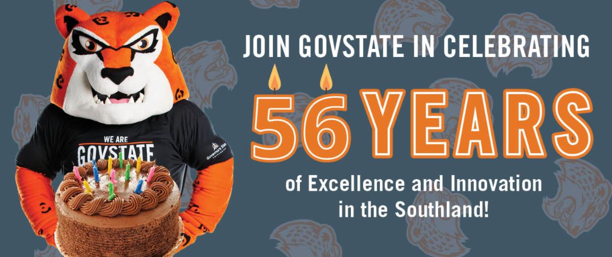 Governors State University mascot Jax the Jaguar holding a chocolate cake next to text that reads Join GovState in celebrating 56 years of excellence and innovation in the Southland