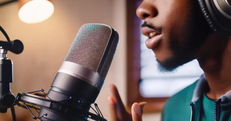 A man speaking into a microphone for a podcast
