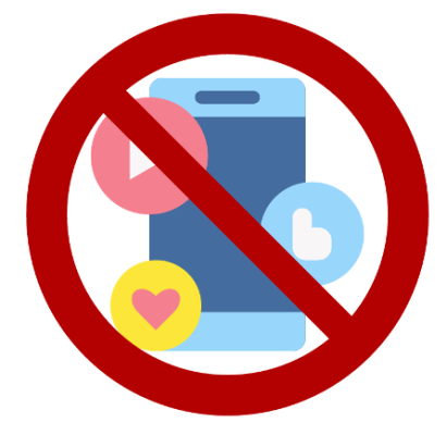 A graphic of a phone and social media icons with a red no circle over it