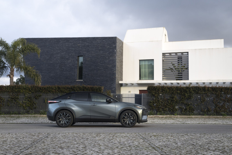 2026 Toyota C-HR+ Electric in Mineral, front three-quarter studio shot