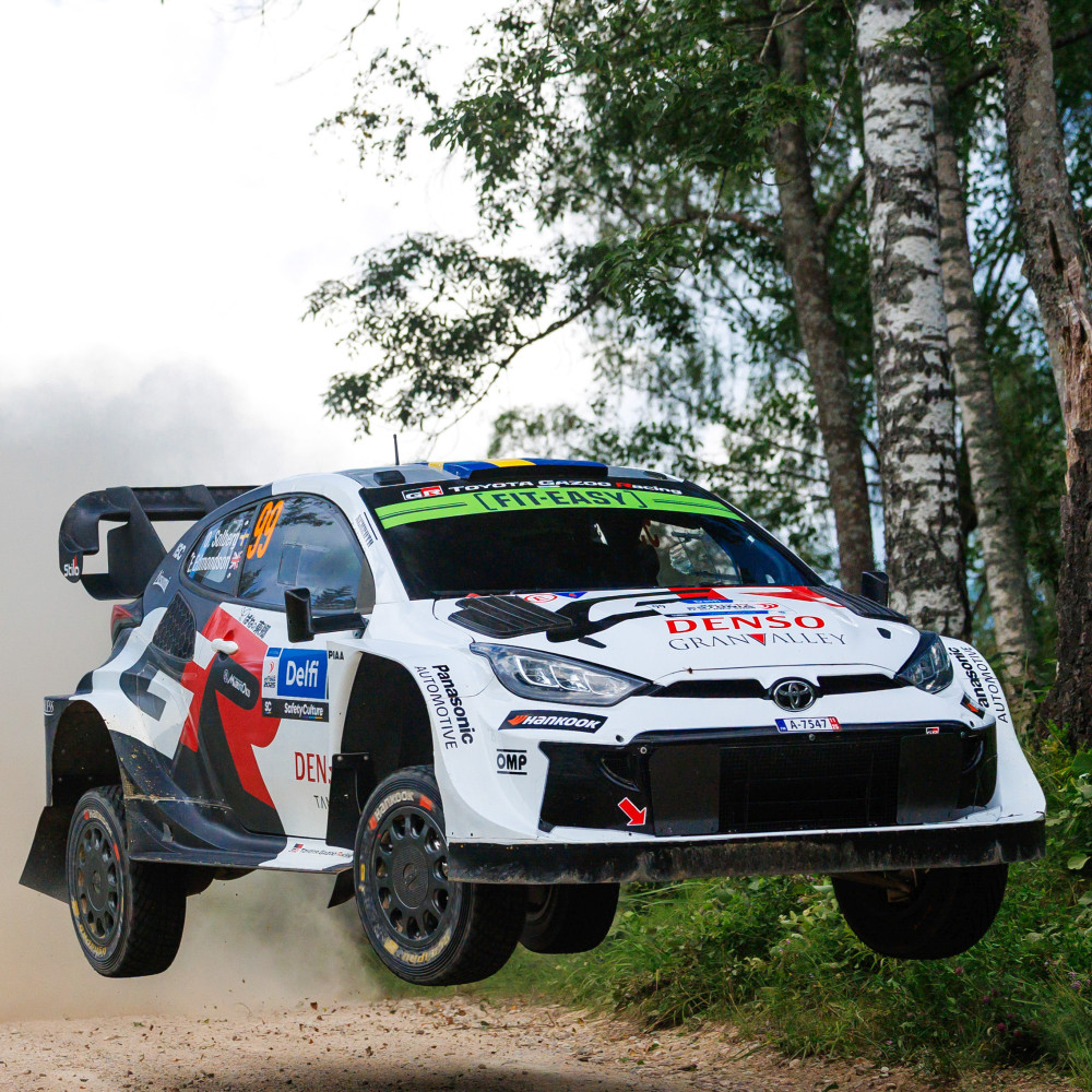 Oliver Solberg driving a Toyota GR Yaris Rally1 during the 2025 Rally Estonia.