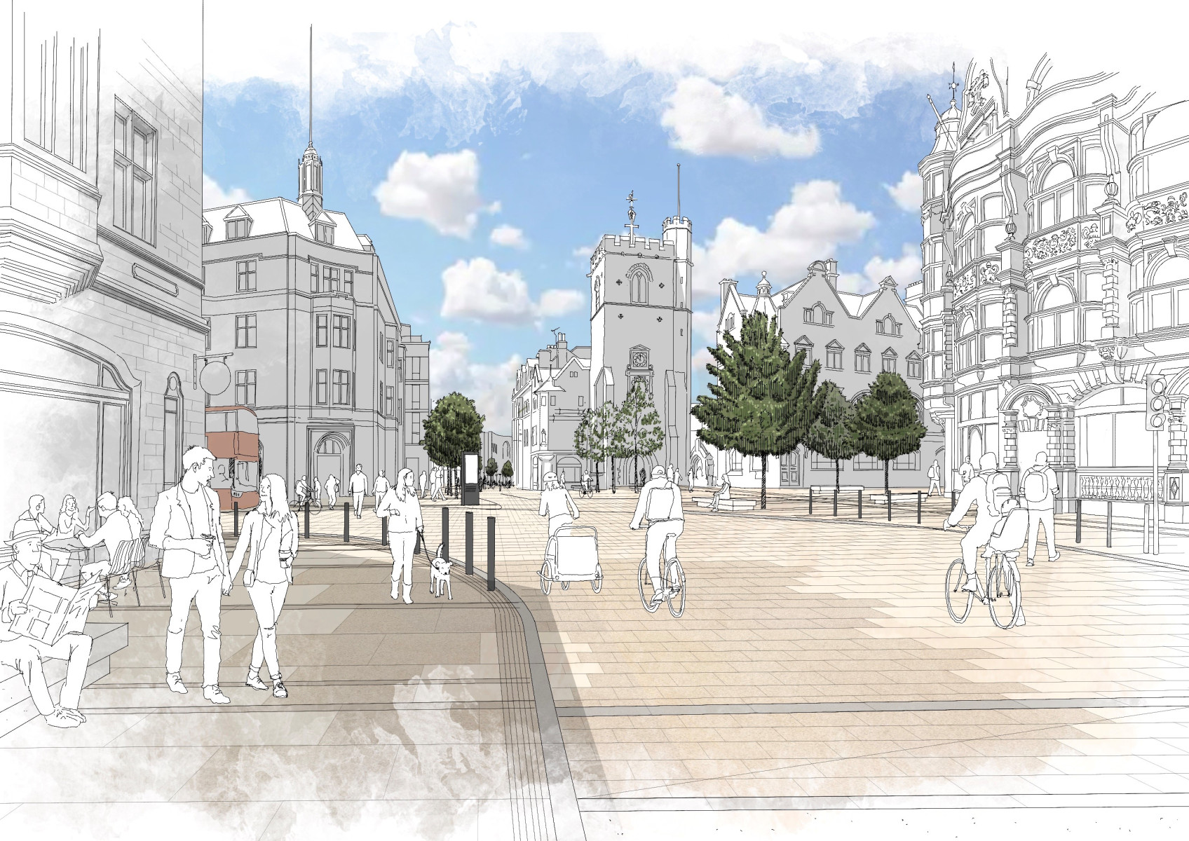 3.Artist impression of Carfax junction (Oxford), with widened pavements, more greenery and safer crossings. 