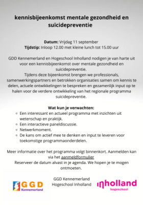 11 september 2026 - Uitnodiging Kennisbijeenkomst mentale gezondheid en suïcidepreventie