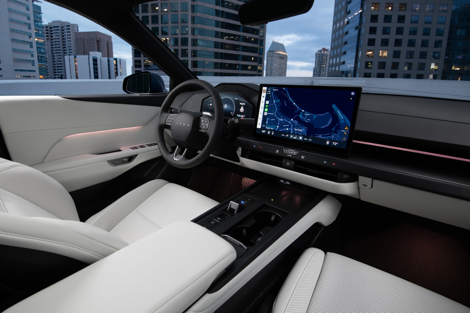 All-new Lexus ES interior with white seating and 14-inch touchscreen