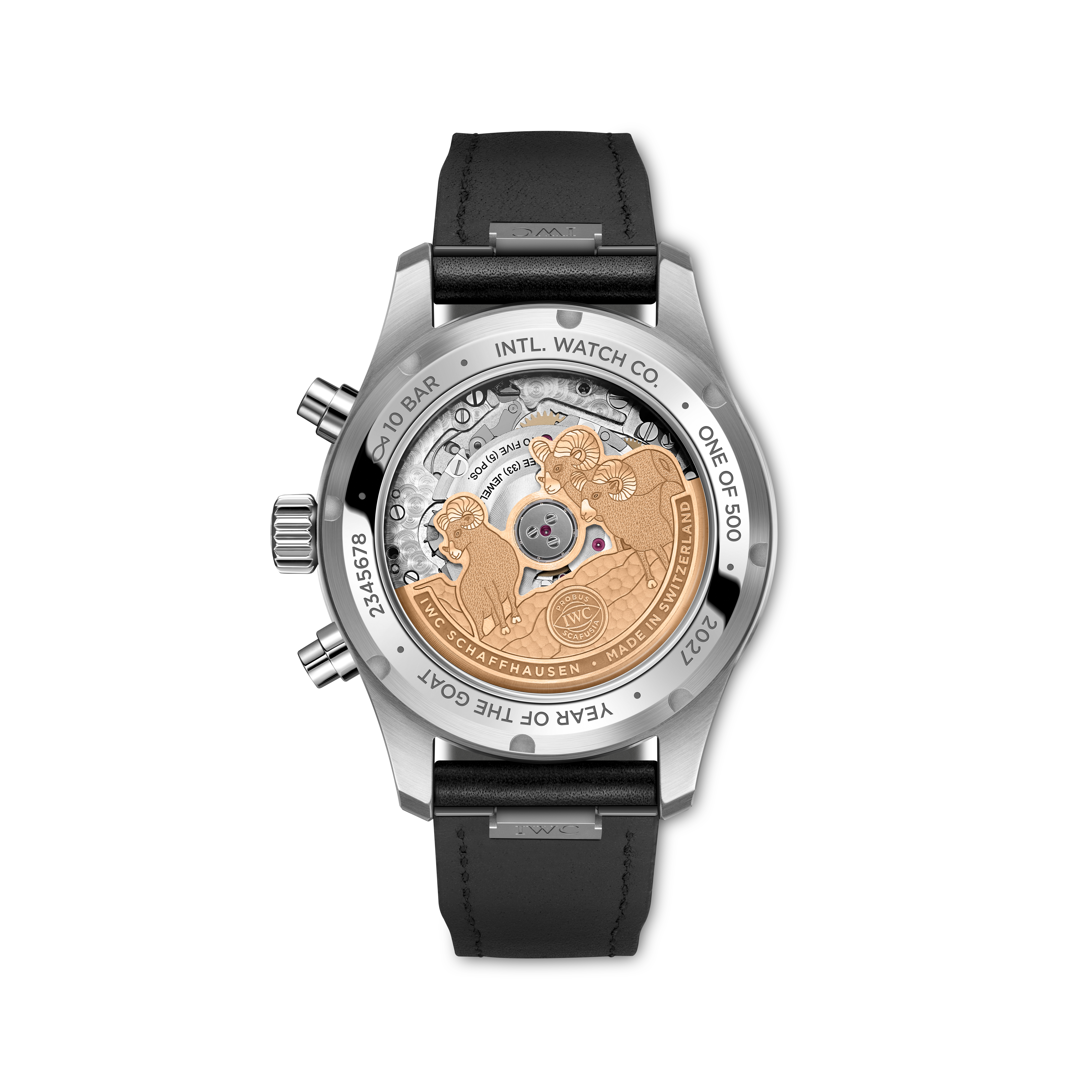 The gold-plated three-goat rotor visible through the caseback