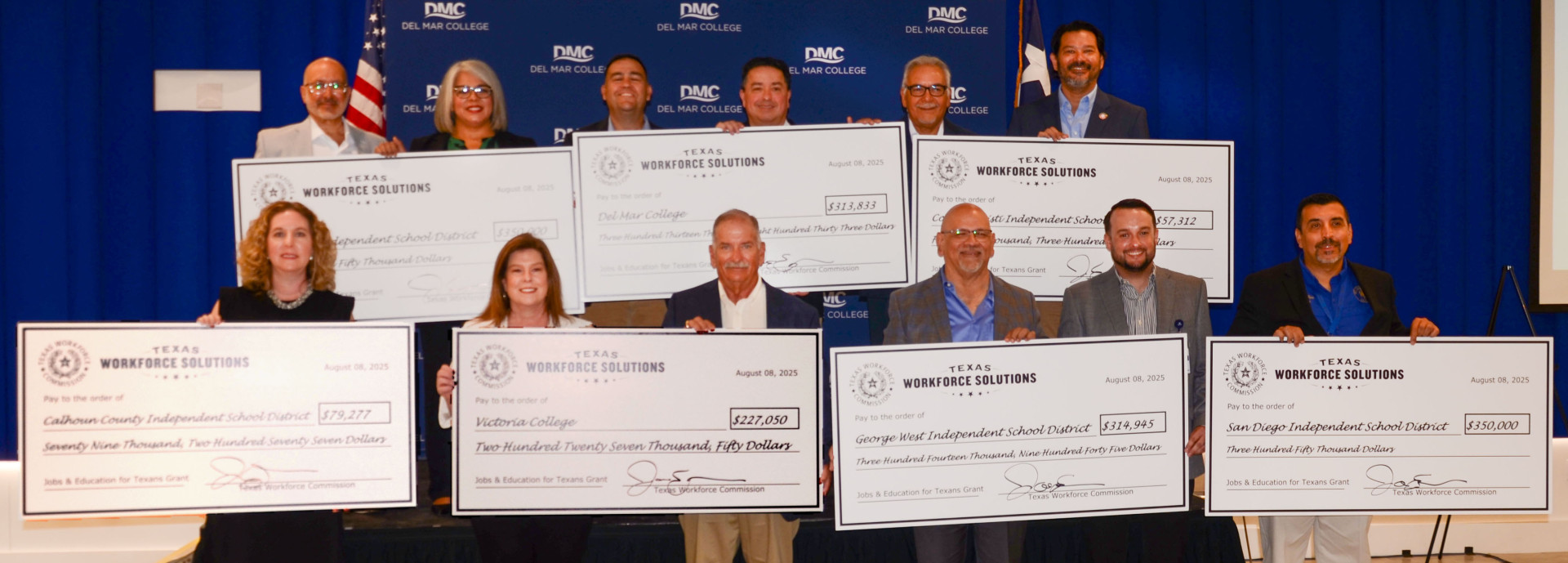 JET Grant Recipient Reps with Oversized Checks_TWC Presentation_080825 - On Aug. 8, 2025, at Del Mar College’s Oso Creek Campus, the Texas Workforce Commission announced seven South Texas Jobs & Education for Texans (JET) grant recipients and presented the schools––including two community colleges and five independent school districts––with oversized checks reflecting the amount of funds awardees were given in 2024. Representing their college or ISD with their check are (front from left) Brandi Williams, Calhoun Cunty ISD Director of CTE and Advanced Academics; Victoria College Executive Director of Advancement & VC Foundation Amy Mundy; Victoria College Associate Professor of Process Technology Lawrence Wick; George West ISD Superintendent Dr. Roland Quesada; George West High School Principal Shaun Cunningham; and San Diego ISD Superintendent Dr. Rodrigo H. Pena; (back row from left) Ken Trevviño, President and Chief Executive Officer of Workforce Solutions Coastal Bend; Banquete ISD Superintendent Adriana Tagle; TWC Commissioner Representing Employers Joe Esparza; Del Mar College Vice President of Dual Enrollment and Continuing Education Dr. Leonard Rivera; unidentified event guest; and Corpus Christi ISD Board of Trustees President Eric Villarreal. (Credit: DMC College Relations) JET Grant Recipient Reps with Oversized Checks_TWC Presentation_080825