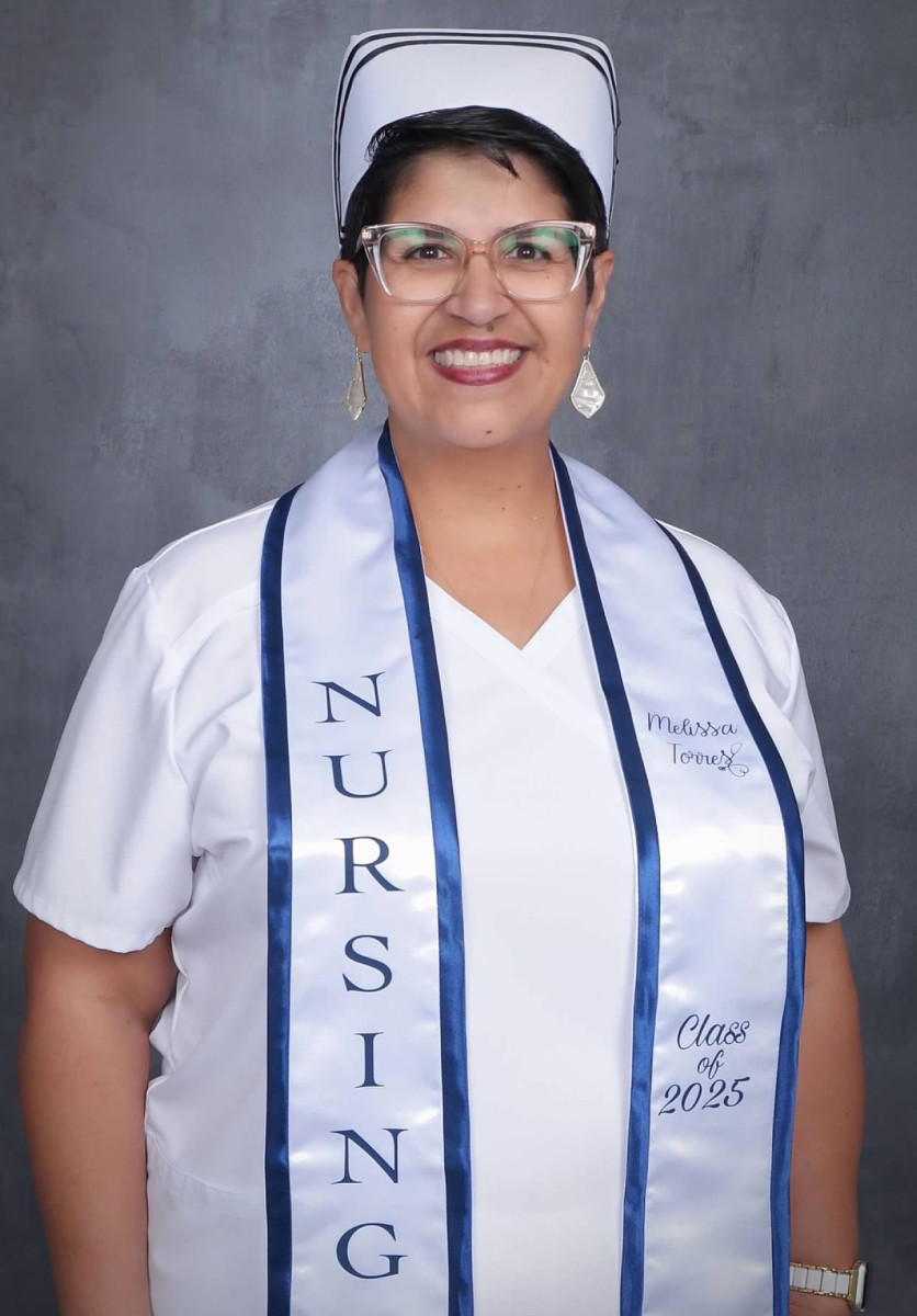 Melissa Torres_DMC Winterl Commencement Speaker and Fall 2025 Graduate_Nurse Scrubs and Cap Melissa Torres_DMC Winterl Commencement Speaker and Fall 2025 Graduate_Nurse Scrubs and Cap