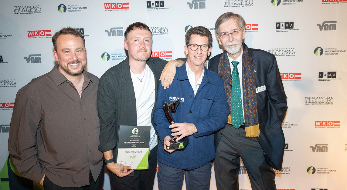 Michael Opitz (Executive Producer at BigSun), Sebastian Oehme (Creative Director at BigSun), Marc Strolz (Head of Brand at Kuehne+Nagel), and Alexander V. Kammel the Festival Director at Internationale Wirtschaftsfilmtage
