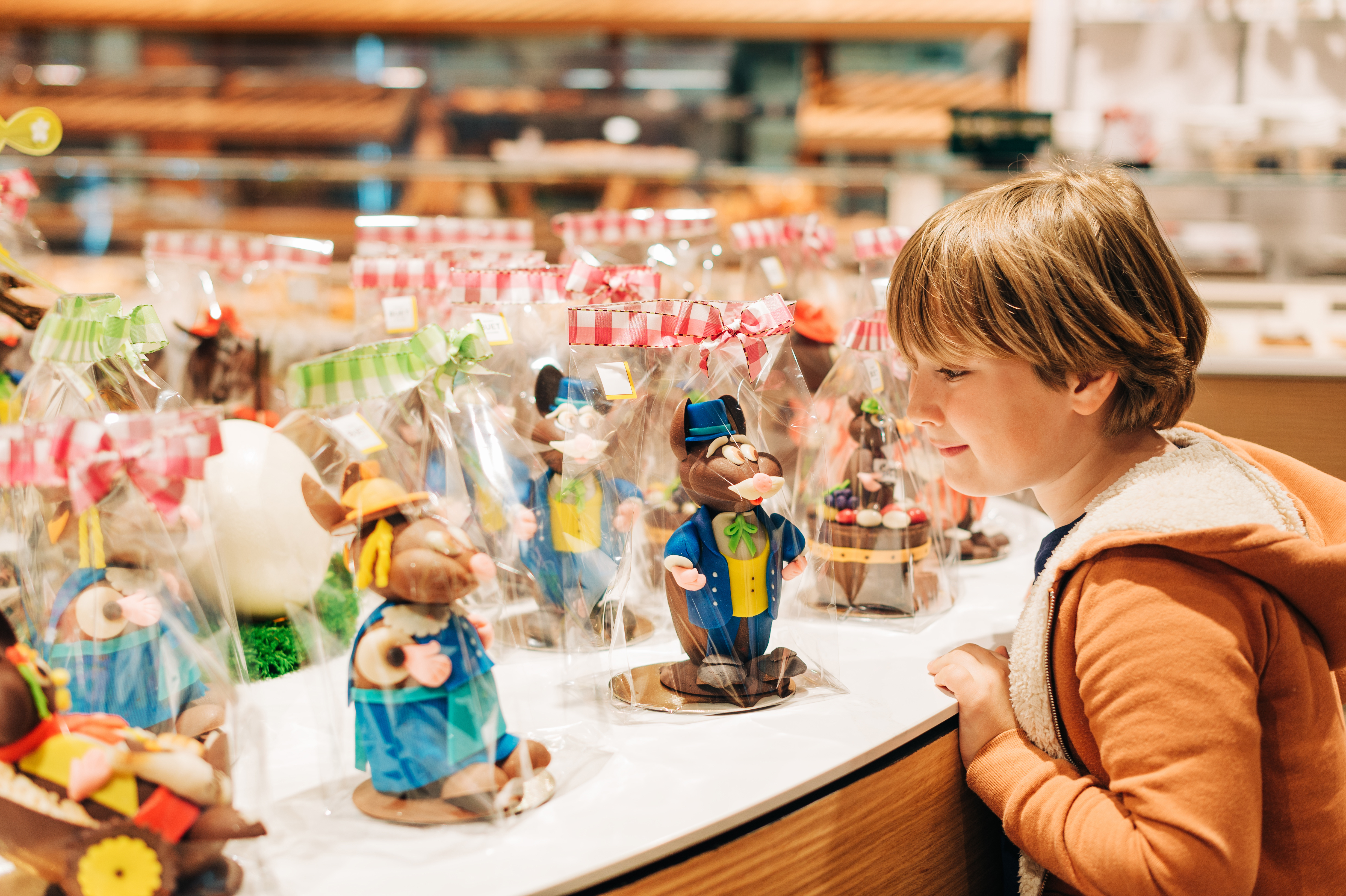 Boy admiring easter chocolate bunnies in chocolate shop 
