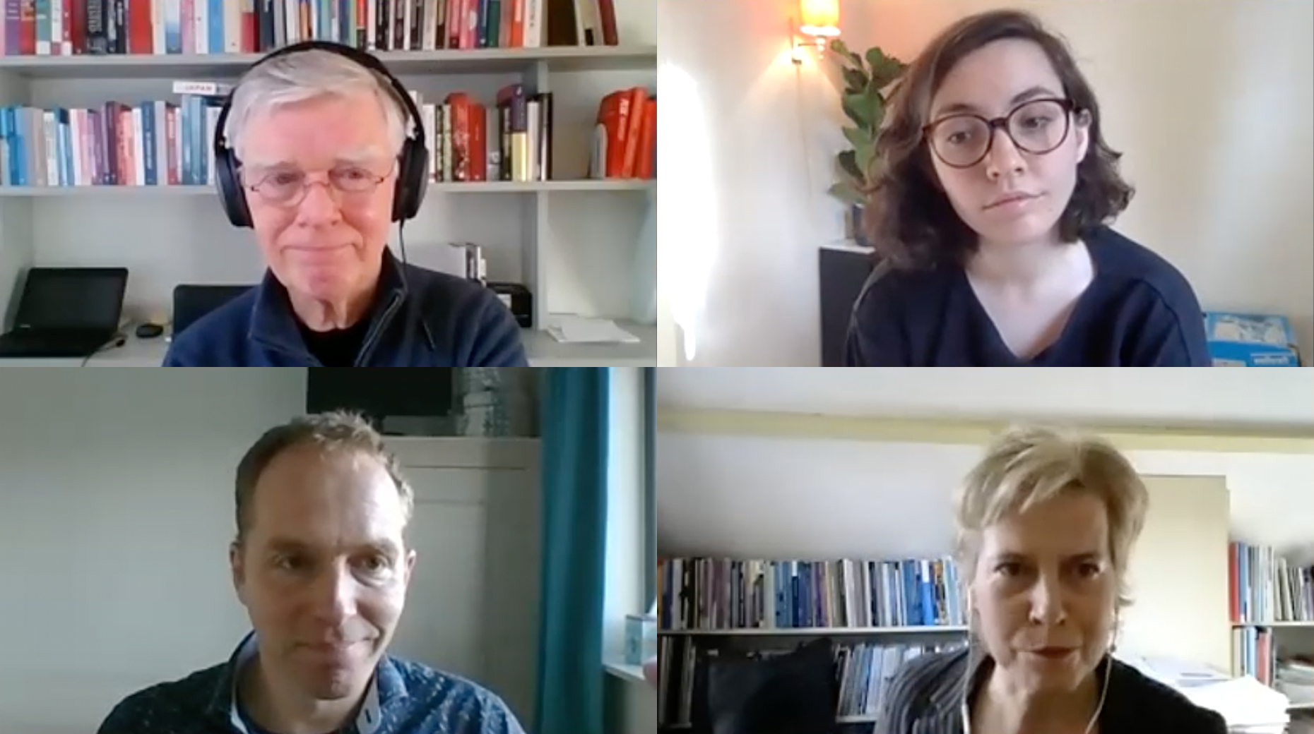 Zoomsessie met (met de klok mee): Pim Breebaart, Alex Tess Rutten, Ellen Klatter en Jeroen Janssen.