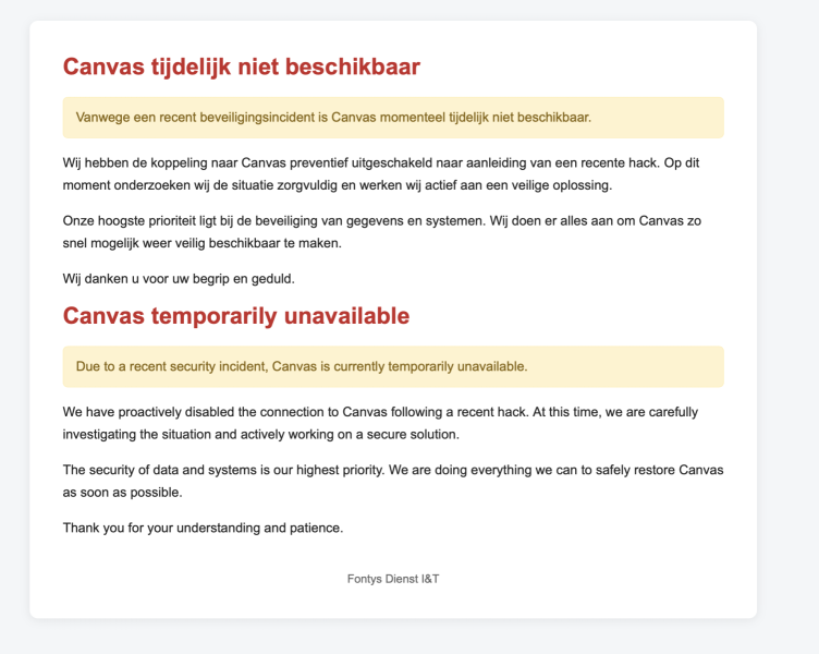 De melding die studenten zien bij het openen van Canvas.
