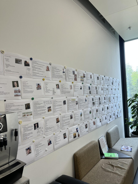 De 'poster wall' in Zwitserland, met daarop alle docenten en studenten met informatie over hun skills, contactgegevens en foto. Het is één van de dingen die zij hebben overgenomen van Fontys na hun bezoek aan Eindhoven.