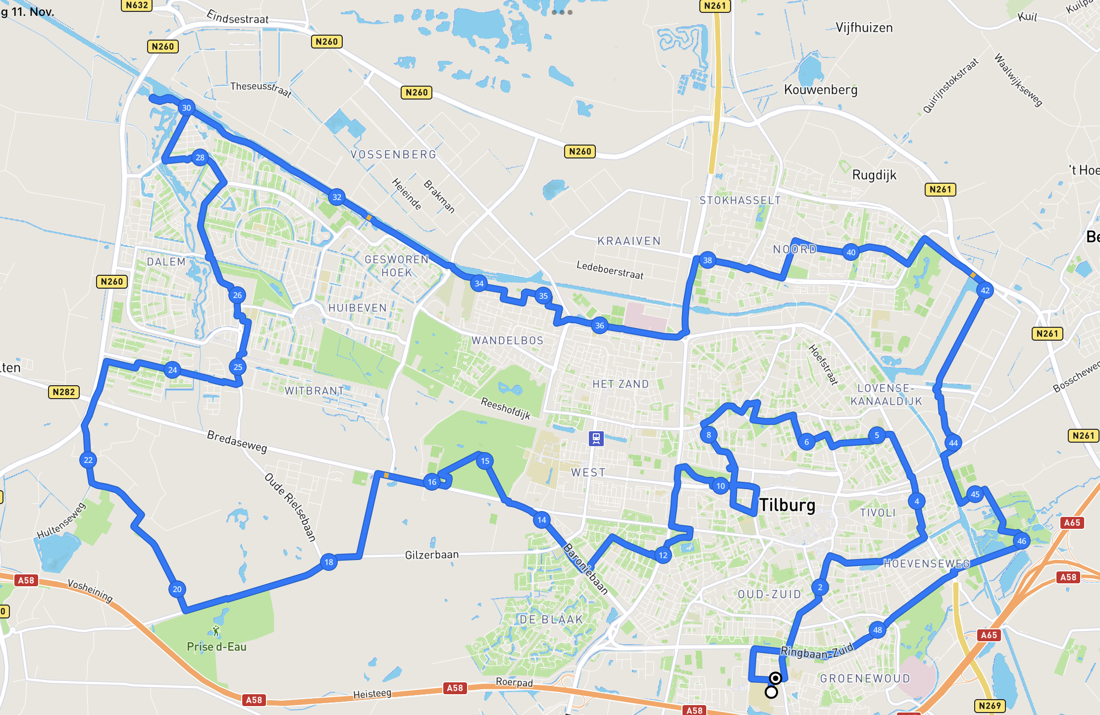 Het rondje Tilburg dat Falk Hübner woensdag gaat lopen.