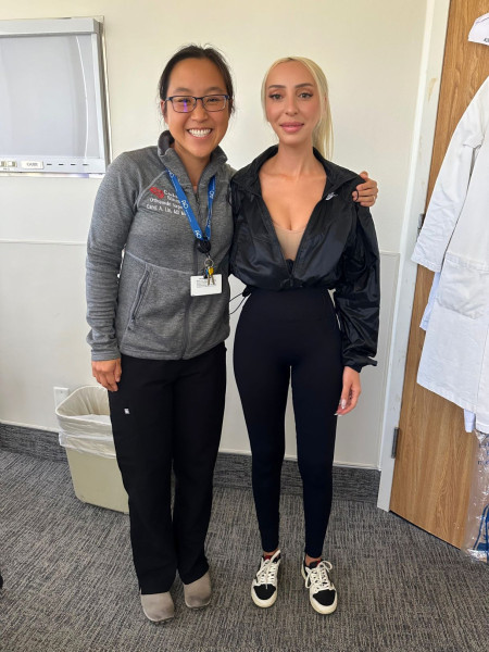 Cedars-Sinai Trauma Survivors Network volunteer Louise Lund with her orthopedic trauma surgeon, Carol Lin, MD. Photo courtesy of Louise Lund.