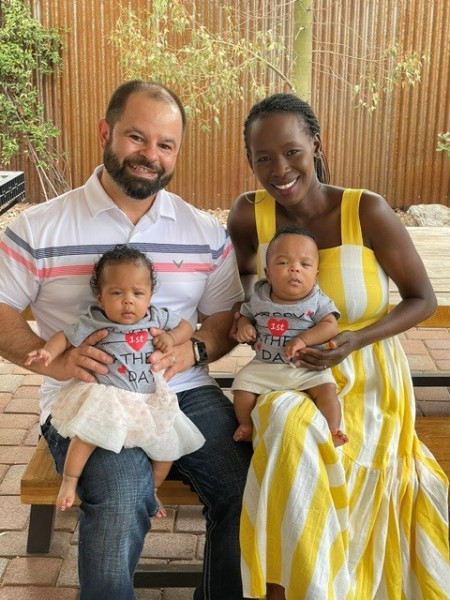 Irine Lagat-Fischer and her husband, Keith Fischer, with their twins. Photo courtesy of Irine Lagat-Fischer.