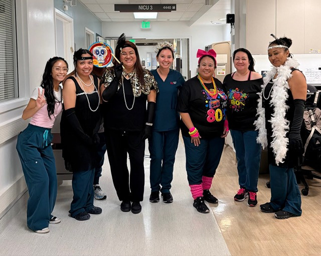 NICU night shift staff in '80s-themed costumes. Photo by Cedars-Sinai.