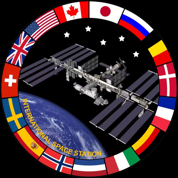 The International Space Station’s emblem features the flags of the original signatory states.  CSA/ESA/JAXA/NASA/ROSCOSMOS