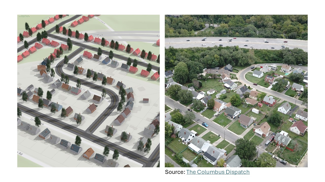 Red houses in the image above left, of the Hanford Village George Washington Carver addition built to house Black World War II veterans, were relocated or demolished to make way for construction of I-70. Above right, a present-day photo of the neighborhood. Image: CURA