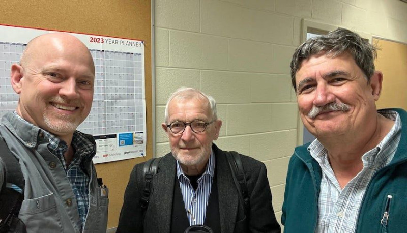 L-R: John Beacom, Francis Halzen and Baha Balantekin at the University of Wisconsin in 2024. Photo: John Beacom
