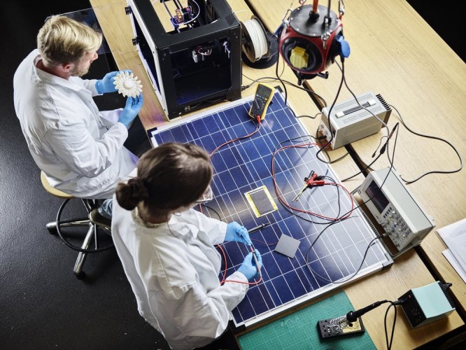 Many innovations such as this 3D-printed turbine wheel and solar panel are conceived by American researchers and sent abroad for manufacturing