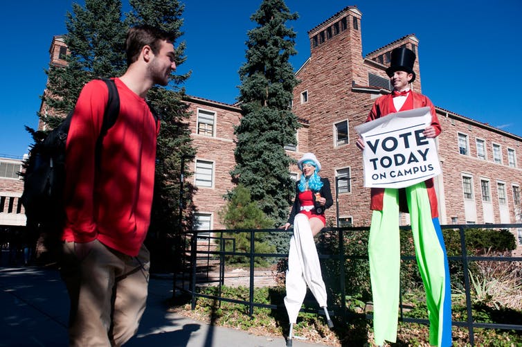 Encouraging students at the University of Colorado, Boulder, to vote in the midterm elections, Nov. 6, 2018.