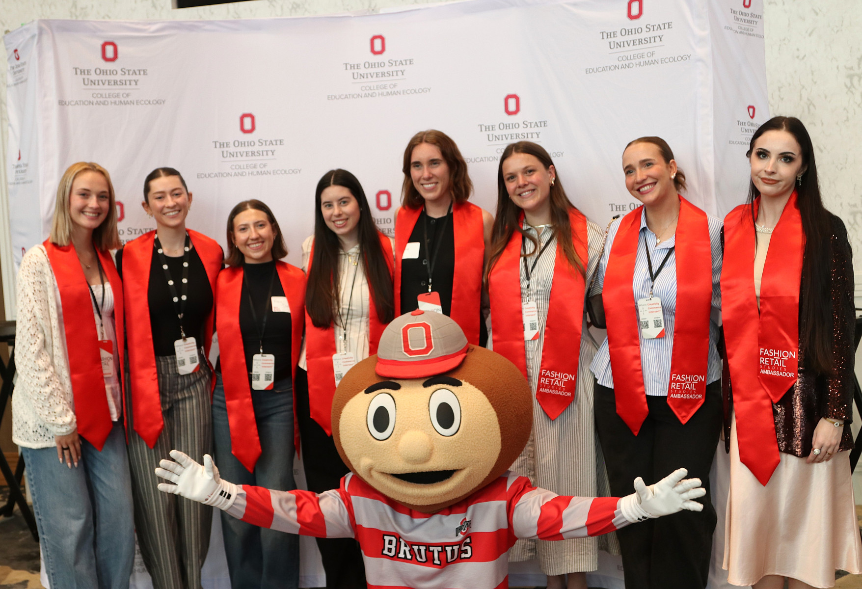 Fashion and Retail Studies student ambassadors with Brutus Buckeye.