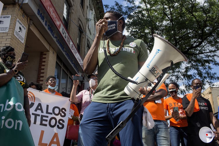New York City public advocate Jumaane Williams with anti-violence activists in Brooklyn, July 14, 2020.