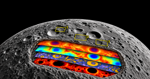 An AI-generated conceptual illustration showing lunar data layers and candidate landing regions.