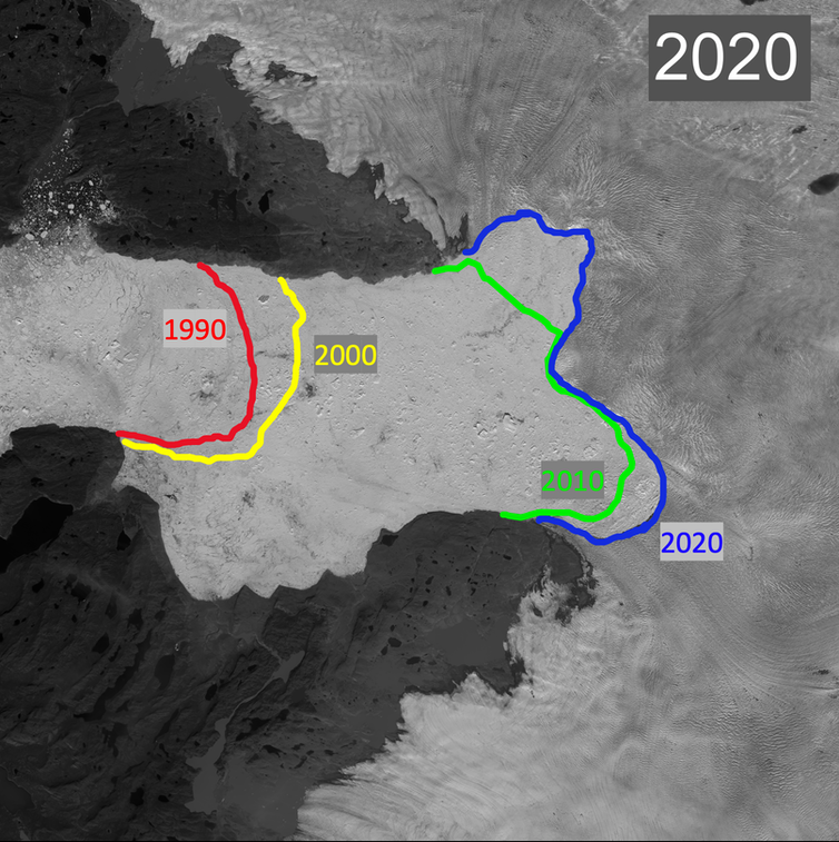 The blue line shows the current boundary between the Jakobshavn Glacier (right side, light gray) and the floating ice (center, white) between the valley walls (top and bottom, dark gray). The other colored lines show where this boundary was in previous years.