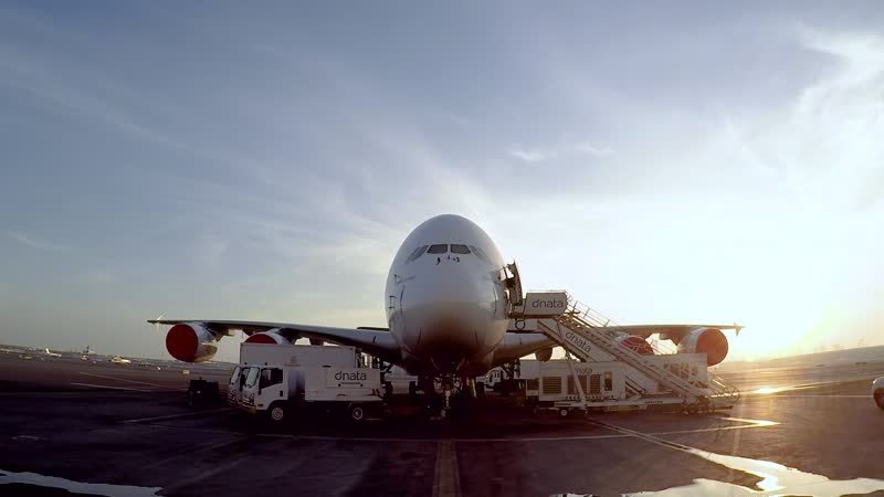 An Emirates aircraft cabin in active retrofit work, with interior work underway during the retrofit programme.
