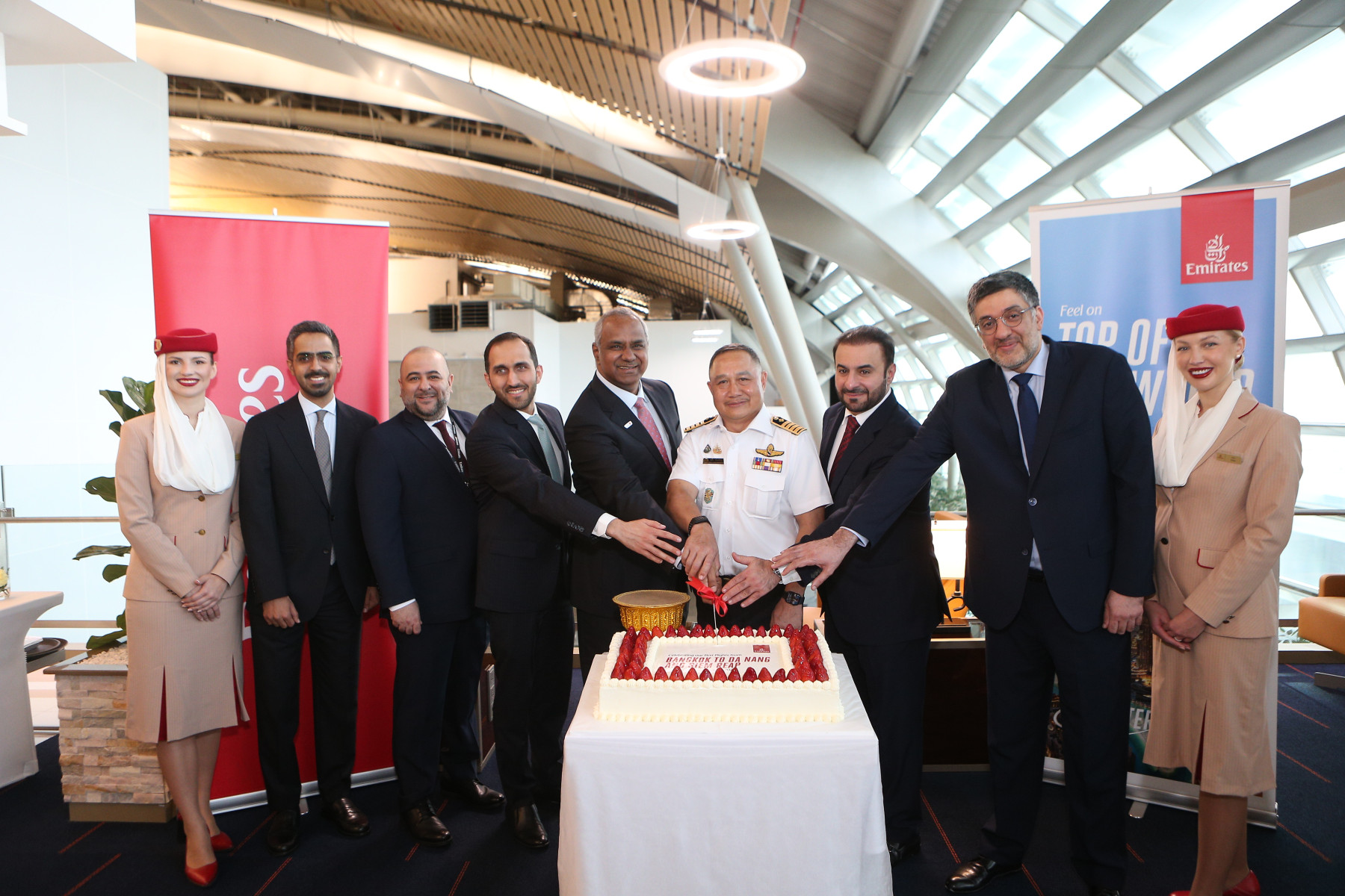 (L) to (R): Abdulla Alkhallafi, Emirates Vice President, Cargo Commercial, Far East and Australasia; Obaid Fikree, Airport Services Manager, Bangkok; Mohammed Alwahedi, Country Manager for Thailand; Nabil Sultan, Emirates&rsquo; Executive Vice President, Passenger Sales and Country Management; Air Chief Marshal Manat Chavanaprayoon, Director General of the Civil Aviation Authority of Thailand; Orhan Abbas, Senior Vice President, Commercial Operations &ndash; Far East; and His Excellency Mr. Obaid Saeed Obaid Bintaresh Aldhaheri, UAE Ambassador to Thailand.