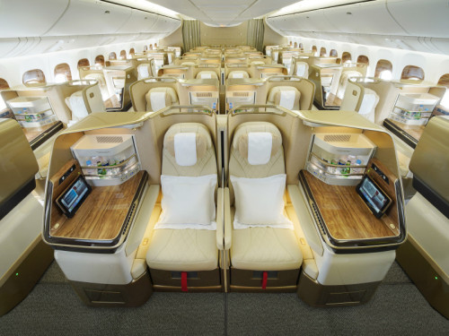 The four-class Emirates Boeing 777 features 38 or 40 Business class seats in a 1-2-1 arrangement.