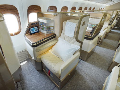 The four-class Emirates Boeing 777 features 38 or 40 Business class seats in a 1-2-1 arrangement.