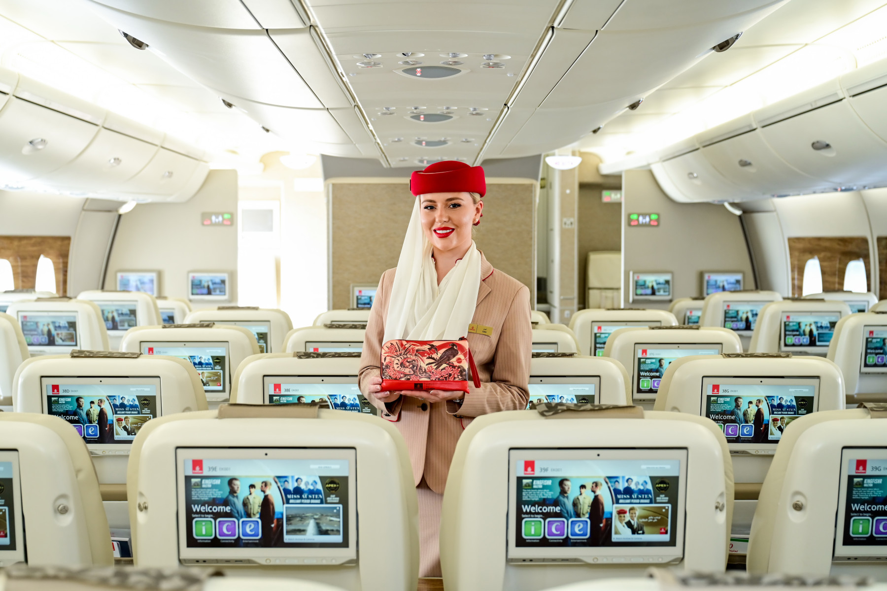 Emirates' new Premium Economy amenity kit bags contain travel and wellness essentials from Aveda