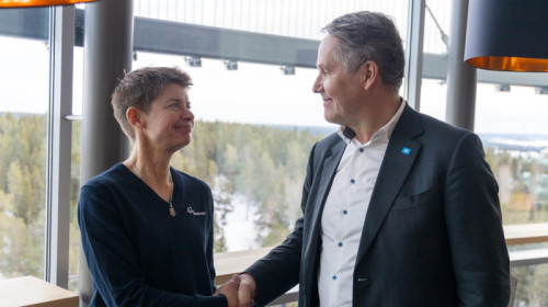 Ylva Andersson, vd J&auml;mtkraft och Johan Svenningsson, vd Uniper Sverige under presskonferensen f&ouml;r NorthStarH2 i &Ouml;stersund den 30 januari 2024.  Foto: Victor Agestam/J&auml;mtkraft