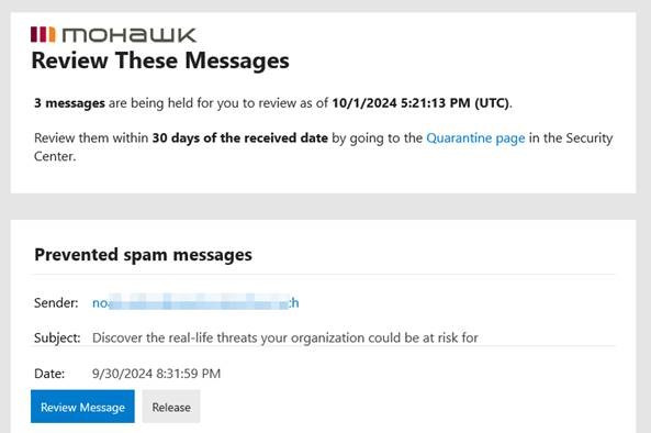 sample quarantine email