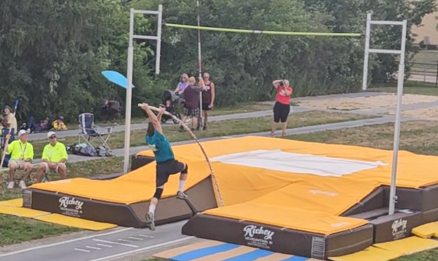 John pole vaulting at the 2024 Pan-American Masters Games.