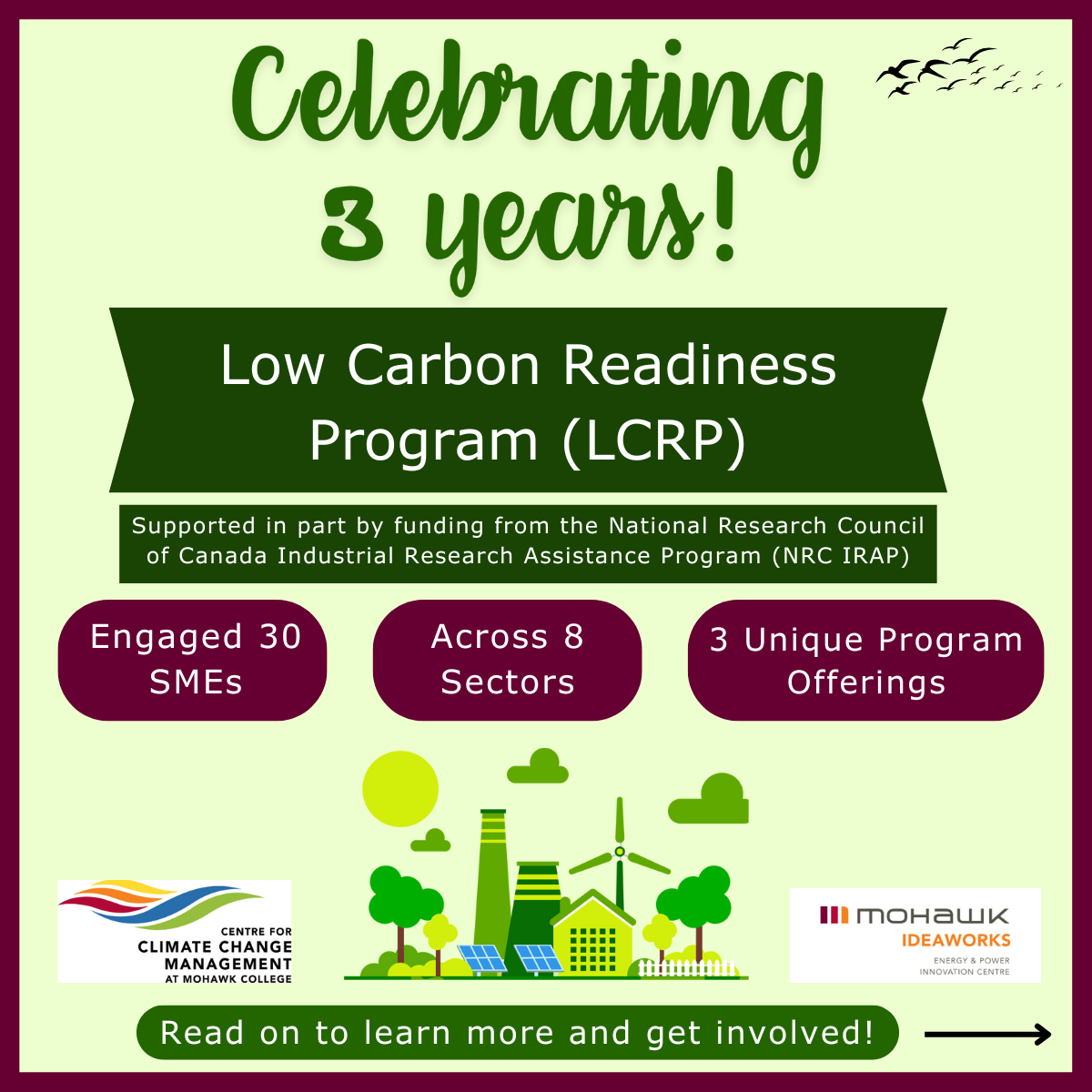Celebrating 3 Years! Low Carbon Readiness Program (LCRP) Supported in part by funding from the National Research Council of Canada Industrial Research Assistance Program (NRC IRAP) Engaged 30 SMEs Across 8 Sectors 3 Unique Program Offerings Read on to learn more and get involved!