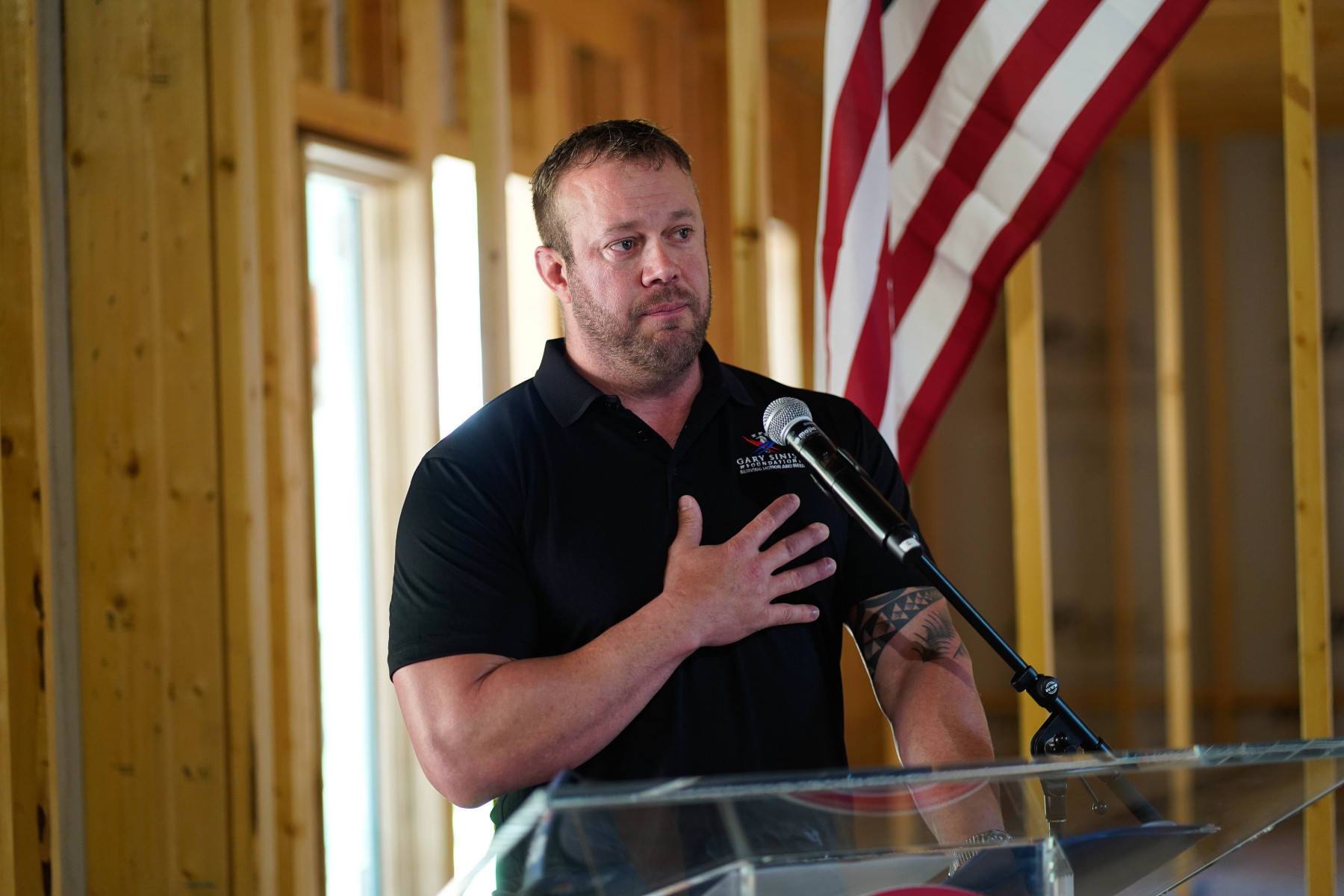 Retired U.S. Army Chief Warrant Officer 2 Patrick Scrogin thanks the Gary Sinise Foundation and supporters for the specially adapted smart home that is being built for him and his family outside of Chicago in St. Charles, Ill.  Scrogin lost his left leg above the knee when his helicopter crashed during a mission in Iraq in 2007.