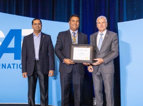 SAE/AEM Outstanding Young Engineer Rohit Saha (center) with Raman Venkatesh, SAE Executive Vice President & Chief Operating Officer (left) and Paul Mascarenas, Venture Partner, Fontinalis Partners LLC and 2019 SAE International President (right).