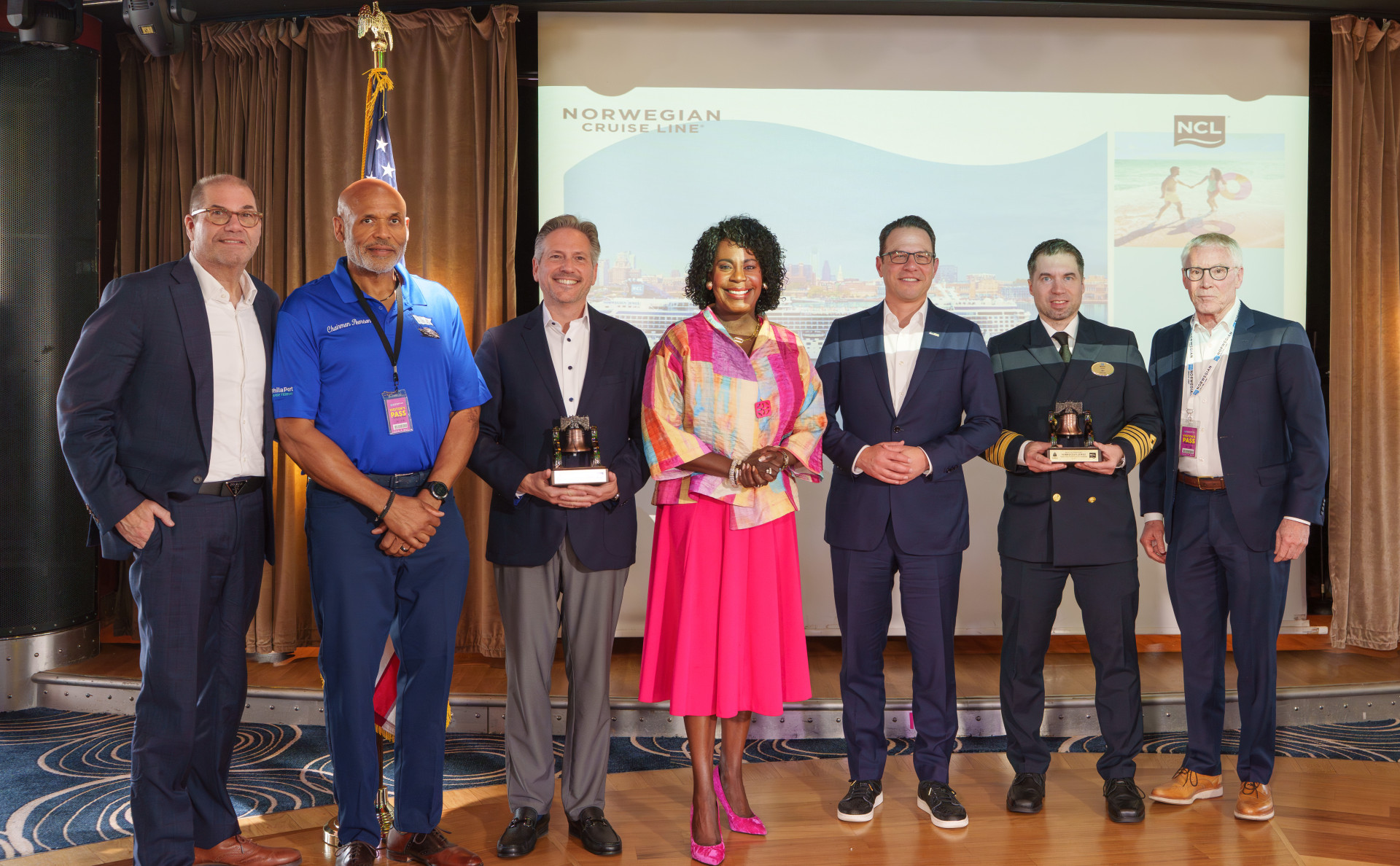 From Left to Right: Dan Farkas, Executive Vice President & General Counsel of NCLH; Michael Pearson, PhilaPort Chairman; Marc Kazlauskas, President of NCL; Philadelphia Mayor Cherelle Parker; Governor Josh Shapiro of Pennsylvania, Mikko Samuli Kovalainen, Captain of Norwegian Jewel; and Jeff Theobald, CEO of PhilaPort. (Image at LateCruiseNews.com - April 2026)